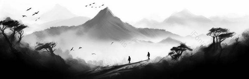 两个人爬山风景水墨画,插画/手绘图,插画/手绘图库,插画/手绘图下载,插画/手绘